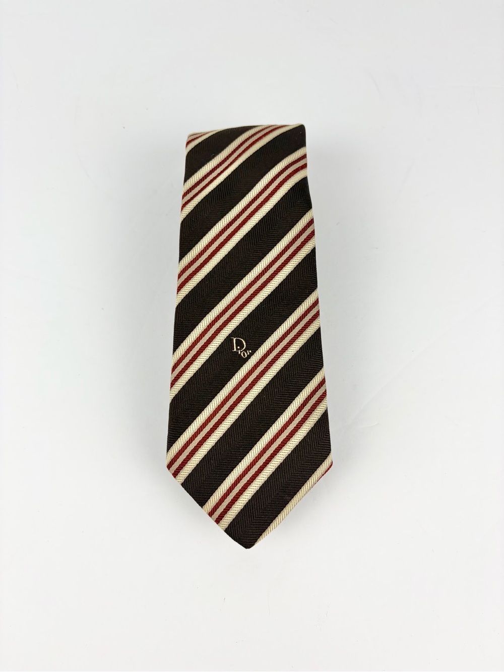 Vintage Dior Necktie Brown Cream Red Striped Silk Blend Men’s Tie